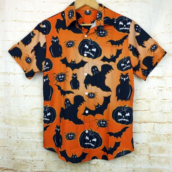 Halloween Theme Camp Shirt Mens S Orange Black Button Pumpkin Bat Ghost Costume - Picture 1 of 10